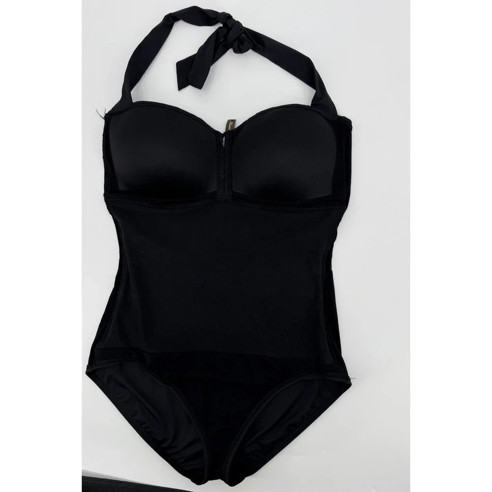 Tommy Bahama Pearl Shirred Halter One Piece Swimsuit Black Ruched Sweetheart M